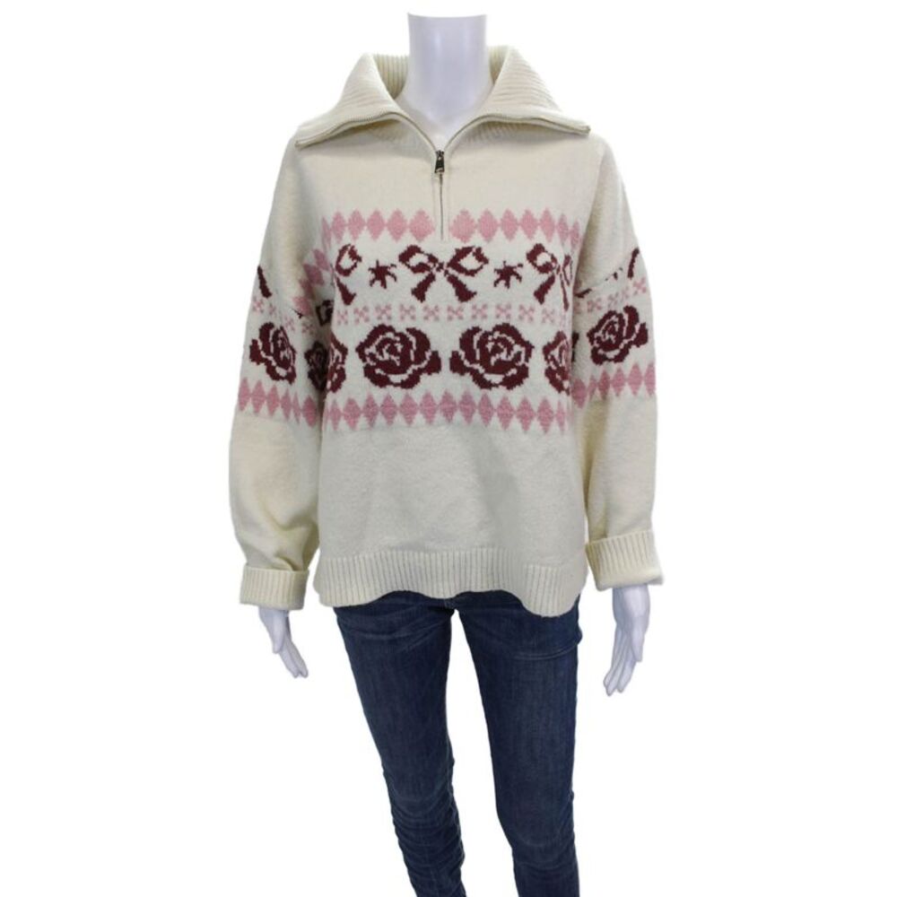 Kitri Women Pullover Sweater Ivory Collared Argyle Long Sleeve Size XS